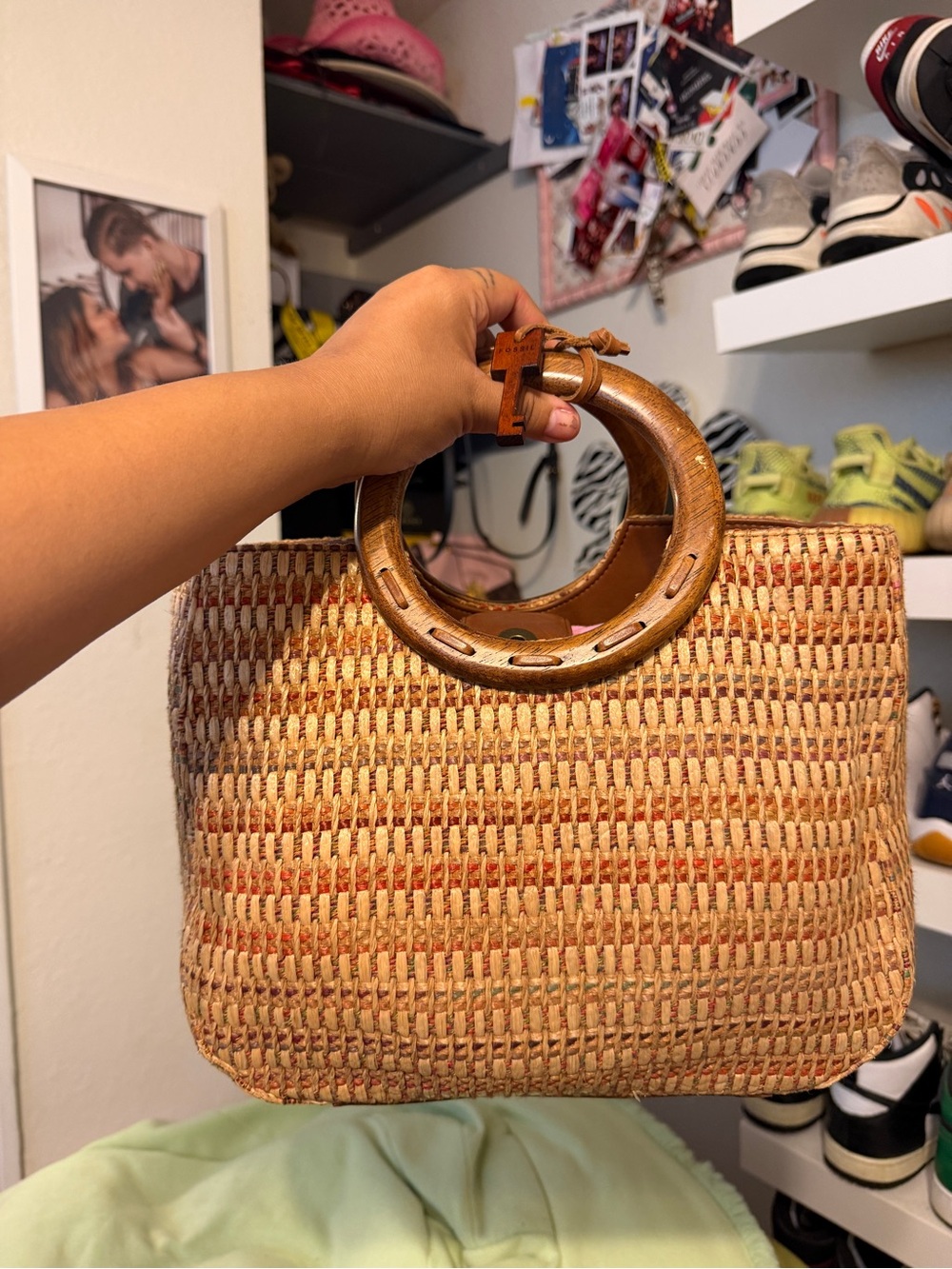 Fossil Woven Straw Tote Bag with Wooden Handles - Tan